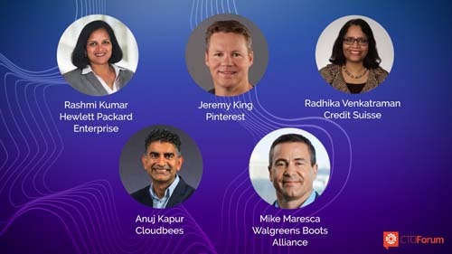 Executive Leadership Panel featuring Pinterest Jeremy King, (Former) Credit Suisse Radhika Venkatraman, Cloudbee’s Anuj Kapur, Moderated by HPE Rashmi Kumar with Walgreens Boots Alliance Mike Maresca at RETHINK DIGITAL SUMMIT 2022